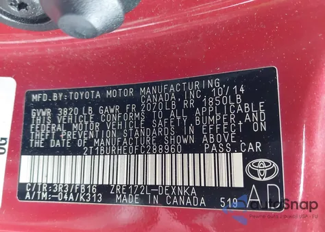 2015 Toyota Corolla Le z USA, uszkodzony, nr VIN 2T1BURHE0FC288960